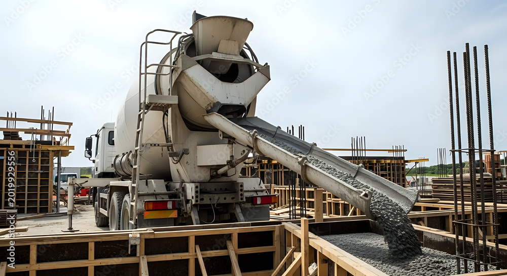 Fototapeta premium Concrete mixer truck pouring cement into construction formwork with heavy machinery, construction