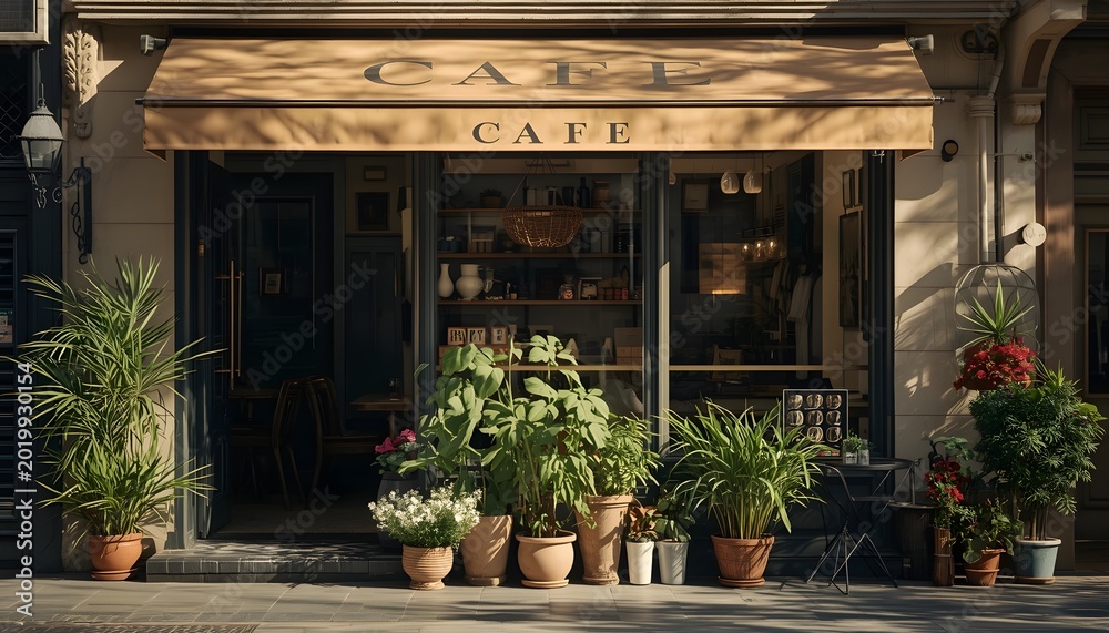 Obraz premium Cozy Sunlit Cafe Exterior with Beige Awning and Variety of Green Potted Plants Creating Warm and Inviting Atmosphere