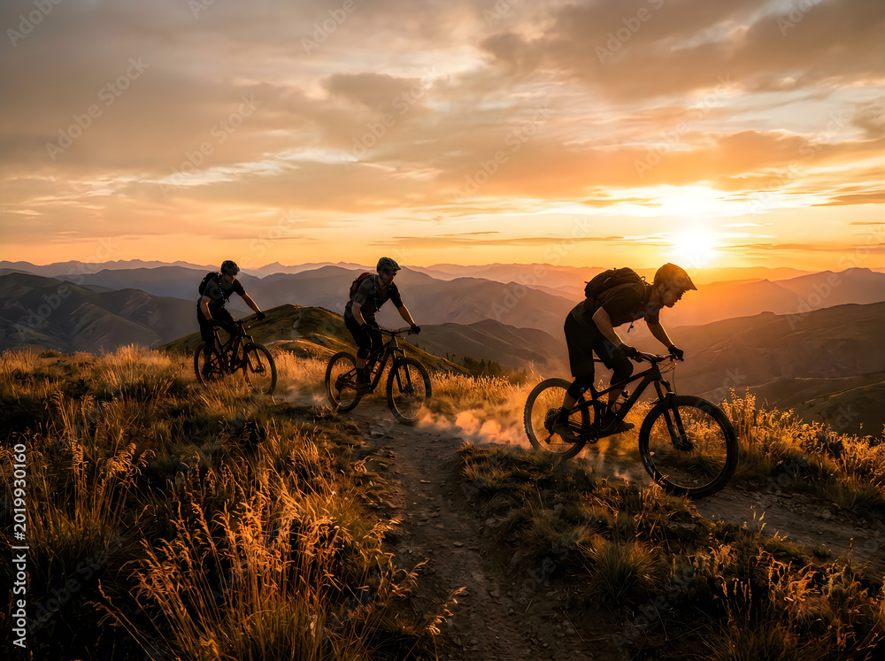 Fototapeta premium Mountain bikers riding on a scenic trail at sunset in the mountains