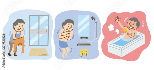 ヒートショックを起こしたシニアの男性セット