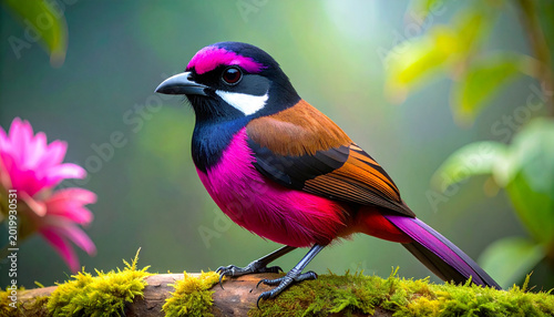 Colorful songbird perched on mossy tree branch