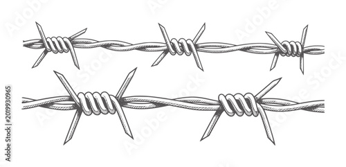 Canvas Print Black and white of twisted barbed wire knots in line