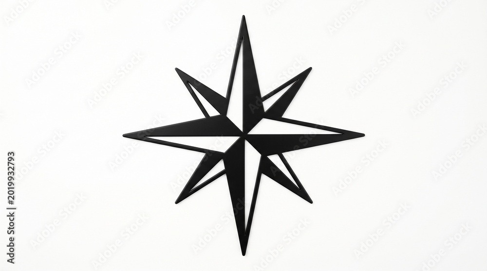 Obraz premium A stylized eight-pointed star symbol representing a compass rose or a directional marker on a white background