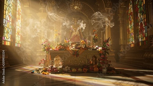 Ornate Hindu mandir altar with ritual offerings, incense smoke, and sunlight