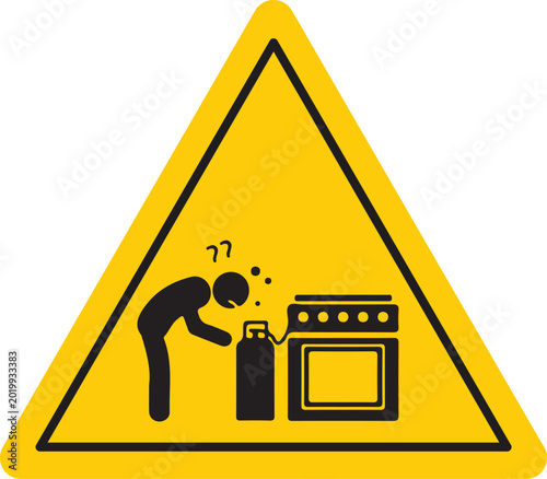 Foto Warning sign for gas leak or suffocation hazard pictogram of person near stove a