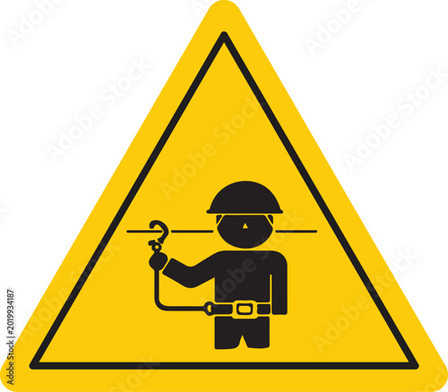 Warning sign for working at height with safety harness pictogram representing danger and caution for construction and industrial safety isolated on white
