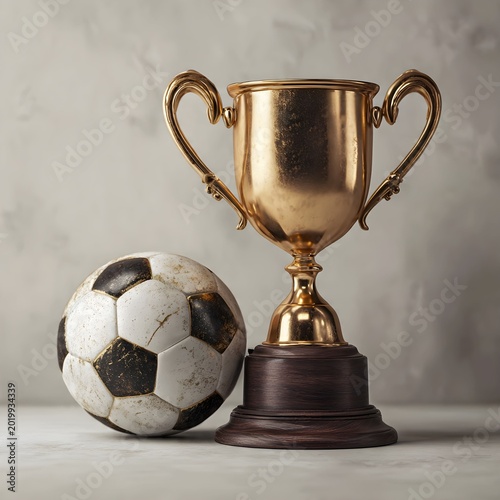 Soccer Trophy Beside a Classic Black and White Ball, Celebrating Victory and Sport Spirit