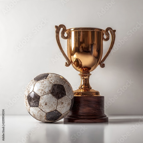 Soccer Trophy Beside a Classic Black and White Ball, Celebrating Victory and Sport Spirit