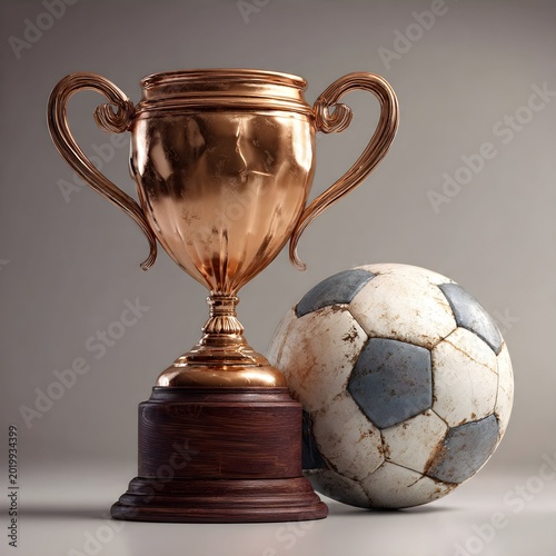 Soccer Trophy Beside a Classic Black and White Ball, Celebrating Victory and Sport Spirit