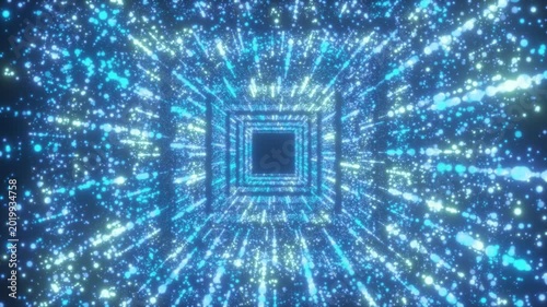 Futuristic blue technology tunnel with glowing particles.