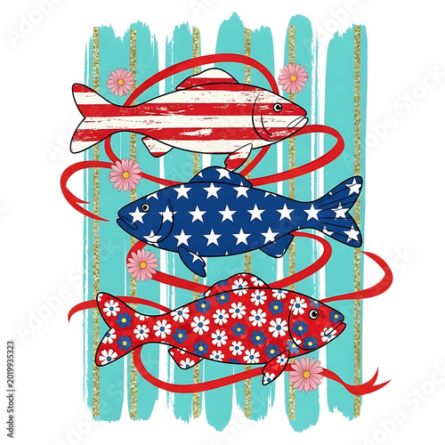 Festive 4th of july independence day design celebrating 250 years of american history with patriotic fish graphics