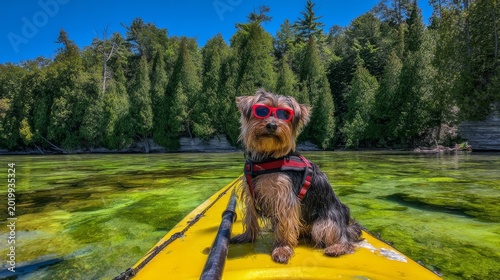 Yorkshire terrier wearing red sunglasses sitting on yellow kayak in clear lake water surrounded by pine forest. Cute small dog enjoying summer outdoor adventure and travel lifestyle.