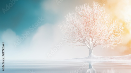A peaceful winter scene featuring a delicate tree against a soft, ethereal background, creating a dreamlike atmosphere