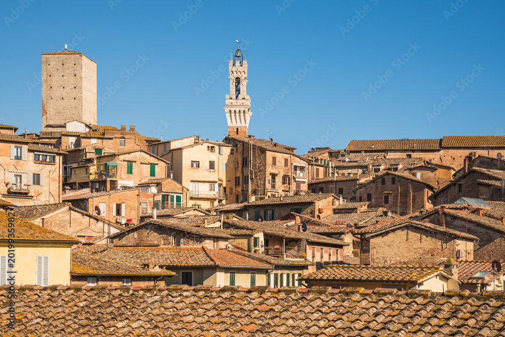 Fototapeta premium Siena view of medieval town and bell tower 'Torre del Mangia' on the Piazza del Campo di Siena, Tuscany, Italy