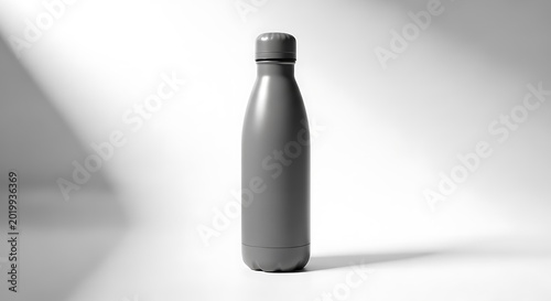Matte grey water bottle mockup with thermal flask and reusable container on white background.