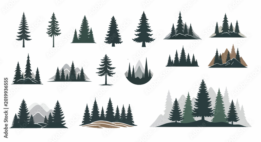 Obraz premium A collection of various stylized evergreen trees and forest landscapes, featuring individual pines and dense woodland scenes.