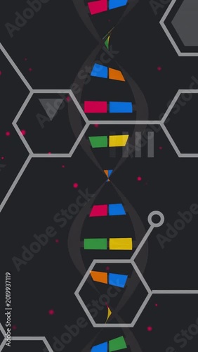 Vertical video: DNA helix on loop, twisting and scrolling as color blocks shifting to show pairs
