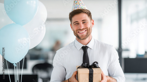 Happy young man celebrating birthday at office, wearing a festive party hat and holding a gift box with a big smile. Modern workspace with blue balloons in the background creates a joyful atmosphere