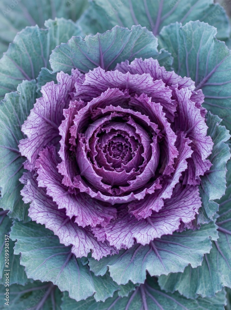 Obraz premium Vibrant Purple Kale Leaf Spiraling in Detailed Close Up Garden View