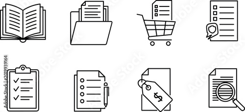 Foto Document and ecommerce icon set outline editable stroke collection file checklis