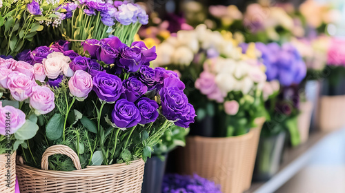 A vibrant display of colorful flowers in baskets, showcasing a variety of blooms for a lively and cheerful ambiance