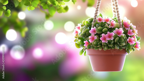 A beautiful hanging pot filled with succulent plants and pink flowers, adding a touch of charm to any indoor or outdoor space
