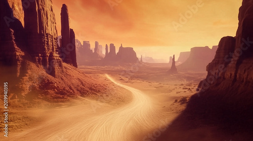 Breathtaking view of a desert road winding through towering cliffs, illustrating adventure and exploration