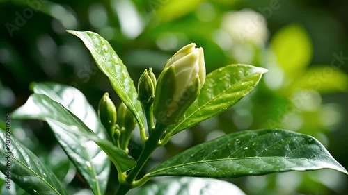 Closeup of a Gardenia Flower Bud with Lush Green Leaves.