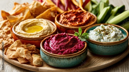 Mediterranean appetizer dips with pita chips and cucumber on a wooden platter in a sharp focus macro shot for culinary branding
