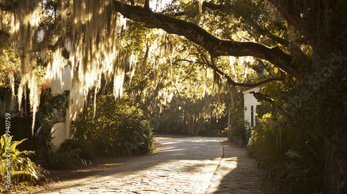 A serene pathway framed by ancient trees draped in Spanish moss, inviting exploration and tranquility