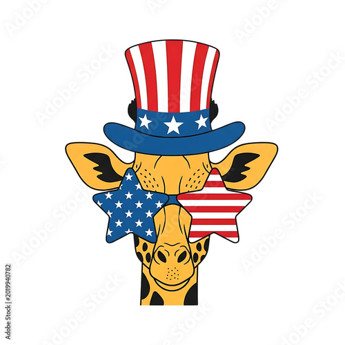 Festive giraffe celebrating 4th of july independence day 250 years anniversary with patriotic accessories isolated on transparent background