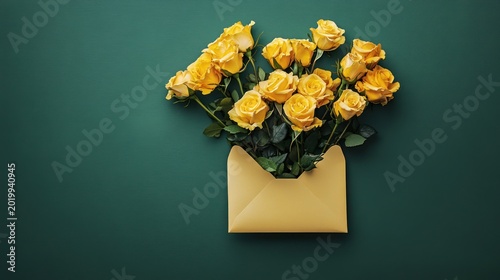 Yellow roses in envelope on teal background