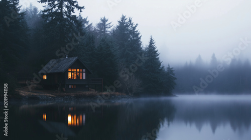 An enchanting cabin perched by the lake, shrouded in mist, offering a picturesque view of the surrounding forest at twilight