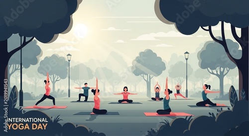 International yoga day banner vector illustration with group of people practicing yoga poses together on mats in a beautiful morning park nature landscape background