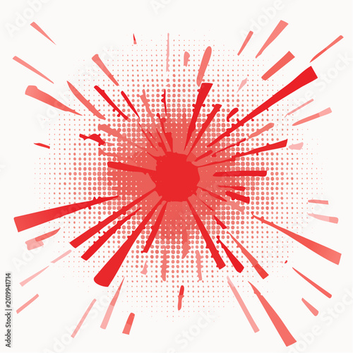 Vibrant red explosion radiates dynamic energy outward in all directions quickly.
