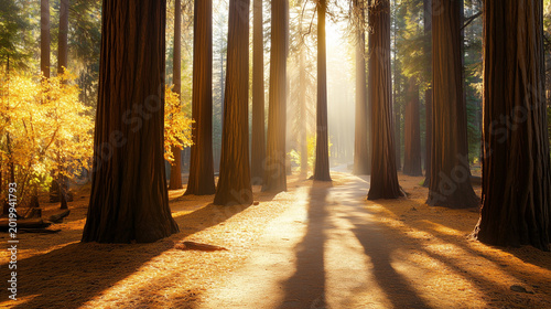 An enchanting forest scene with sunlight filtering through the trees, casting beautiful patterns on the ground