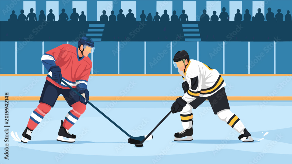 Obraz premium Two ice hockey players in action on the rink during a competitive match, showcasing athletic skill and sporting energy