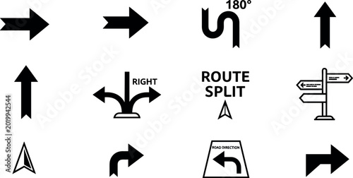 Tableau sur toile Direction and navigation arrow icon set with route split turn right left u turn