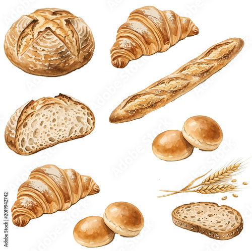 Photos Assorted fresh bakery breads and pastries on a white background