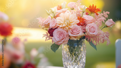 A vibrant bouquet of colorful flowers in a crystal vase, capturing the essence of spring and celebration