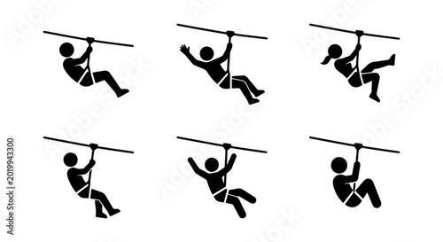 Foto Zipline adventure icons set, 6 stick figure people ziplining, extreme outdoor sp