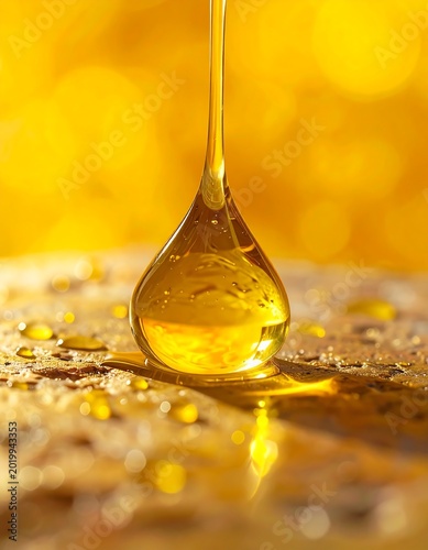 Extreme close-up of a thick golden honey or oil droplet pouring onto a textured surface with bright bokeh background