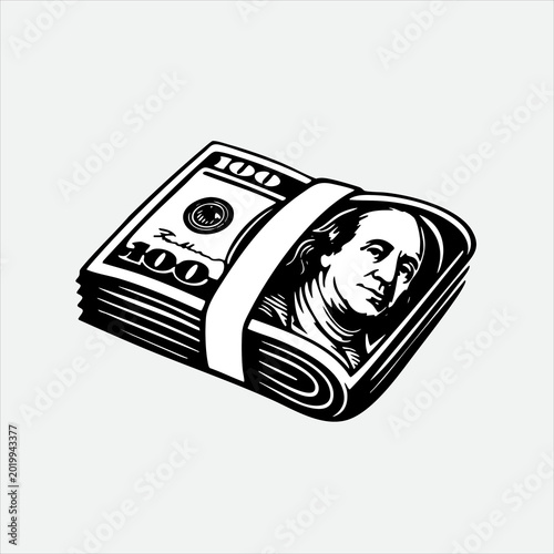 Stack of us hundred dollar bills tied with a band legal tender paper money black and white
