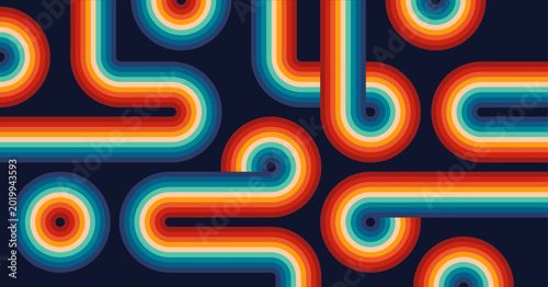 Retro geometric pattern with colorful layered stripes and rounded curves in vintage 70s style. Vector illustration.