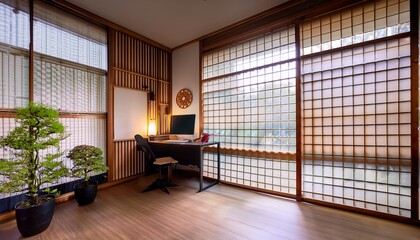 a corner of a japanese style office room zoom background backdrop wallpaper interior design