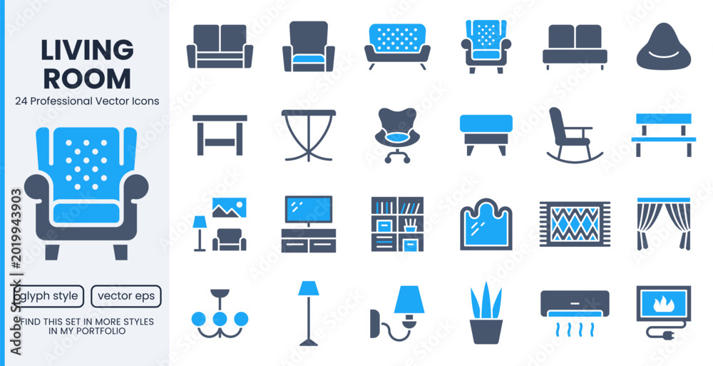 Fototapeta premium Living room furniture glyph icons set. Sofa, leather armchair, fireplace, bookshelf, curtains, TV stand, rug flat minimal vector illustration. Simple flat signs for home. Blue silhouette pictogram