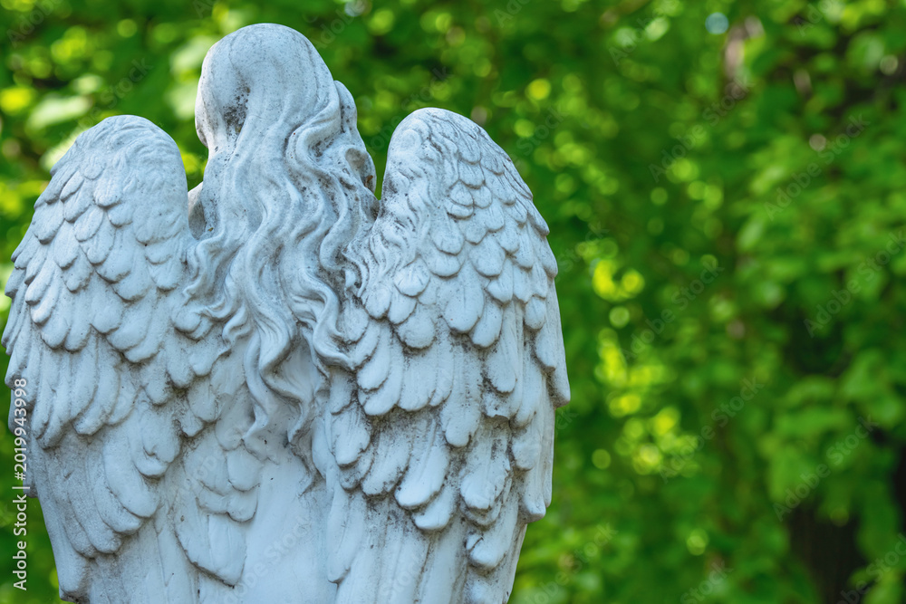 Fototapeta premium White cemetery angel statue seen from behind with detailed wings. Copy space for design or text.