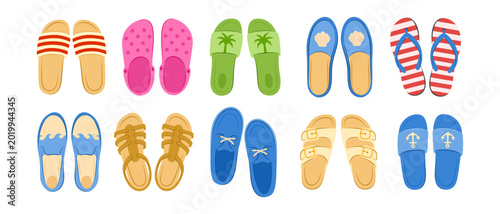 Tableau sur toile Collection of various summer footwear pairs isolated on transparent background