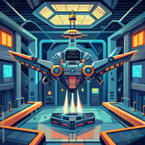 Vászonkép Advanced sci-fi spaceship hovering in docking bay with laboratory equipment and