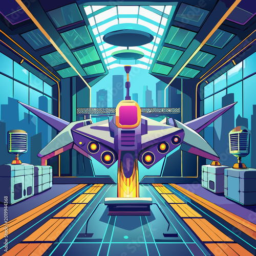 Fotografie Futuristic starfighter spaceship docked in high tech hangar with city view backg